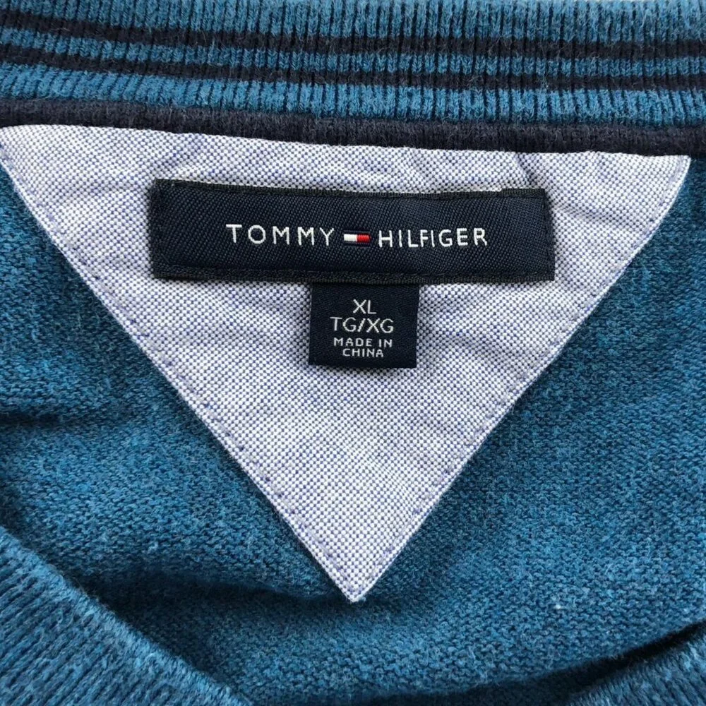 Tommy Hilfiger Mens Sweater XL Blue V-Neck Long Sleeve Classic Pullover Knit